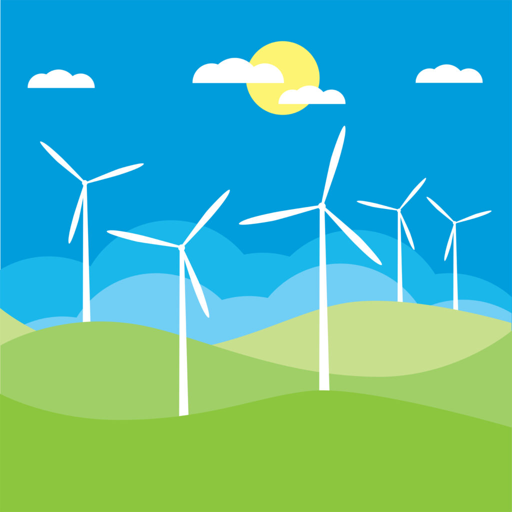 vector image of a wind turbine farm on a sunny day