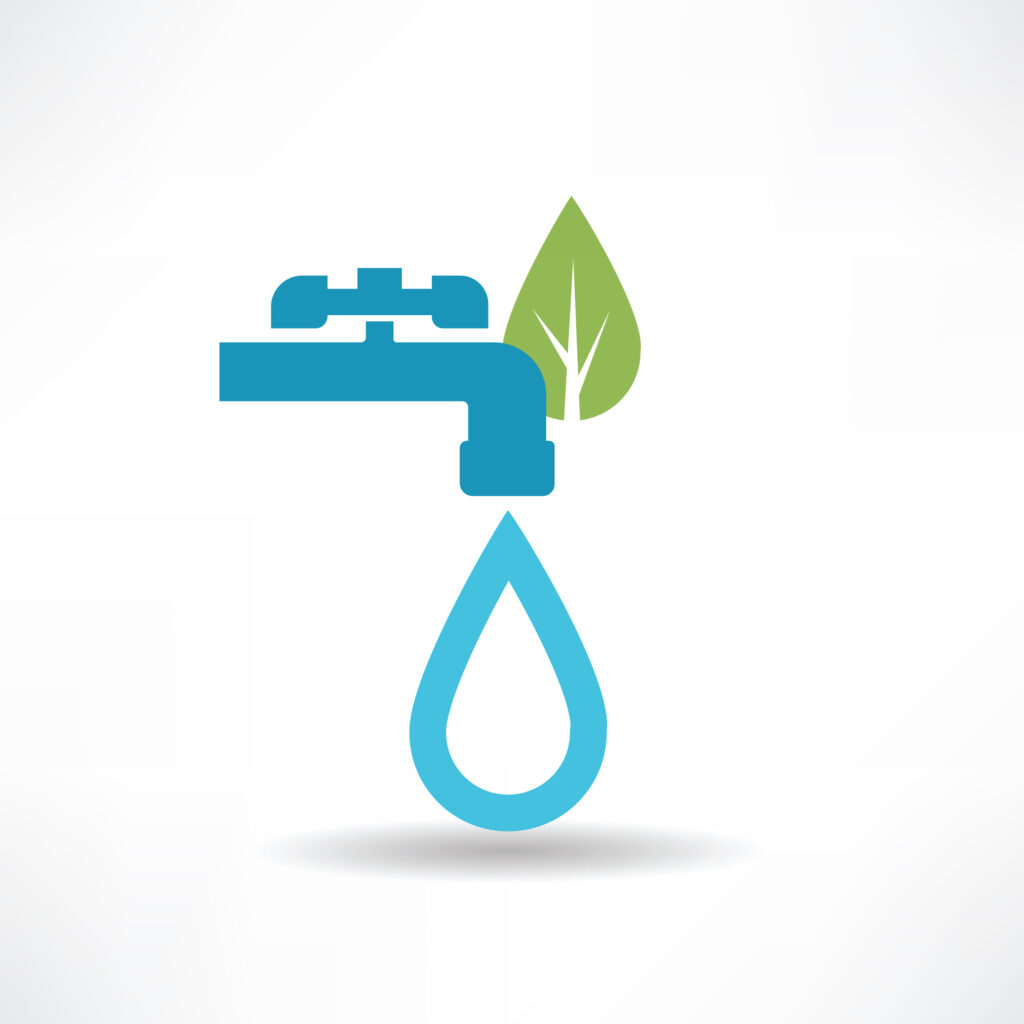 vector icon of a water faucet with water droplet and green leaf