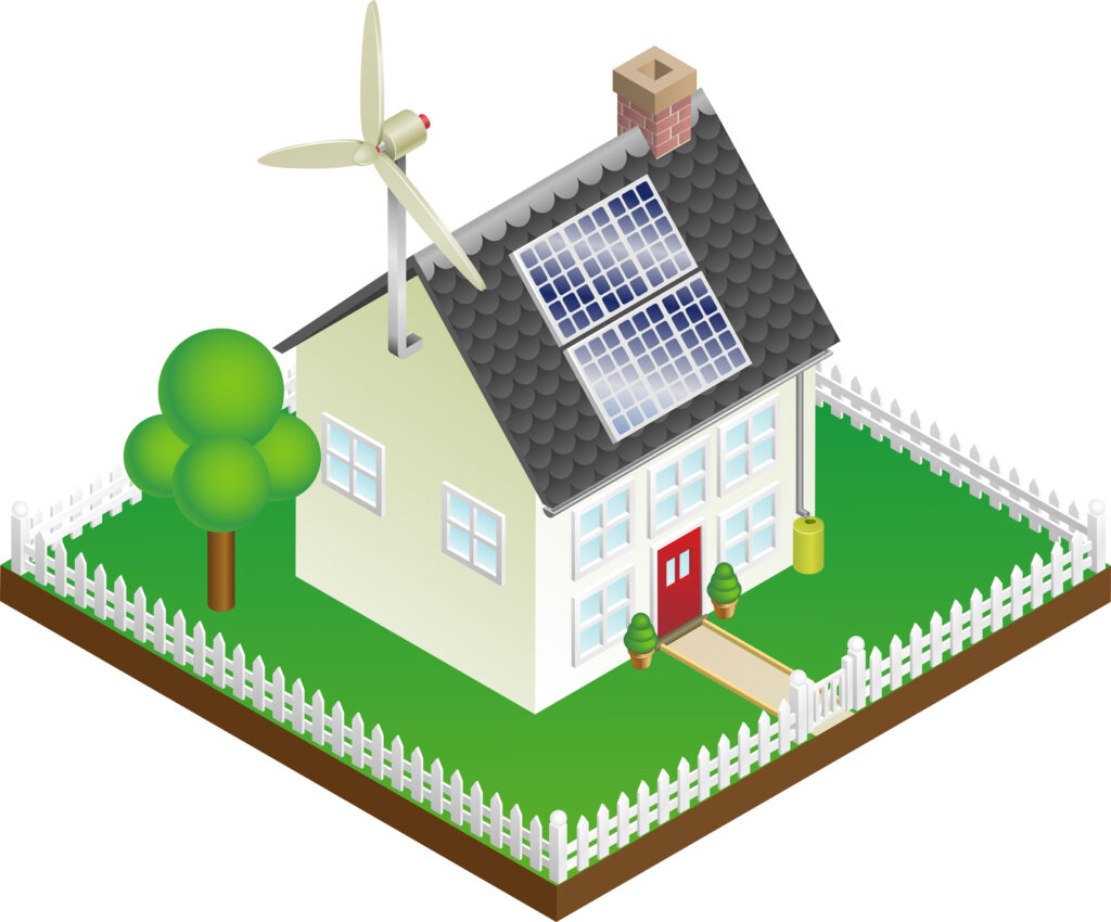 isometric illustration of a house with solar panels and wind turbines