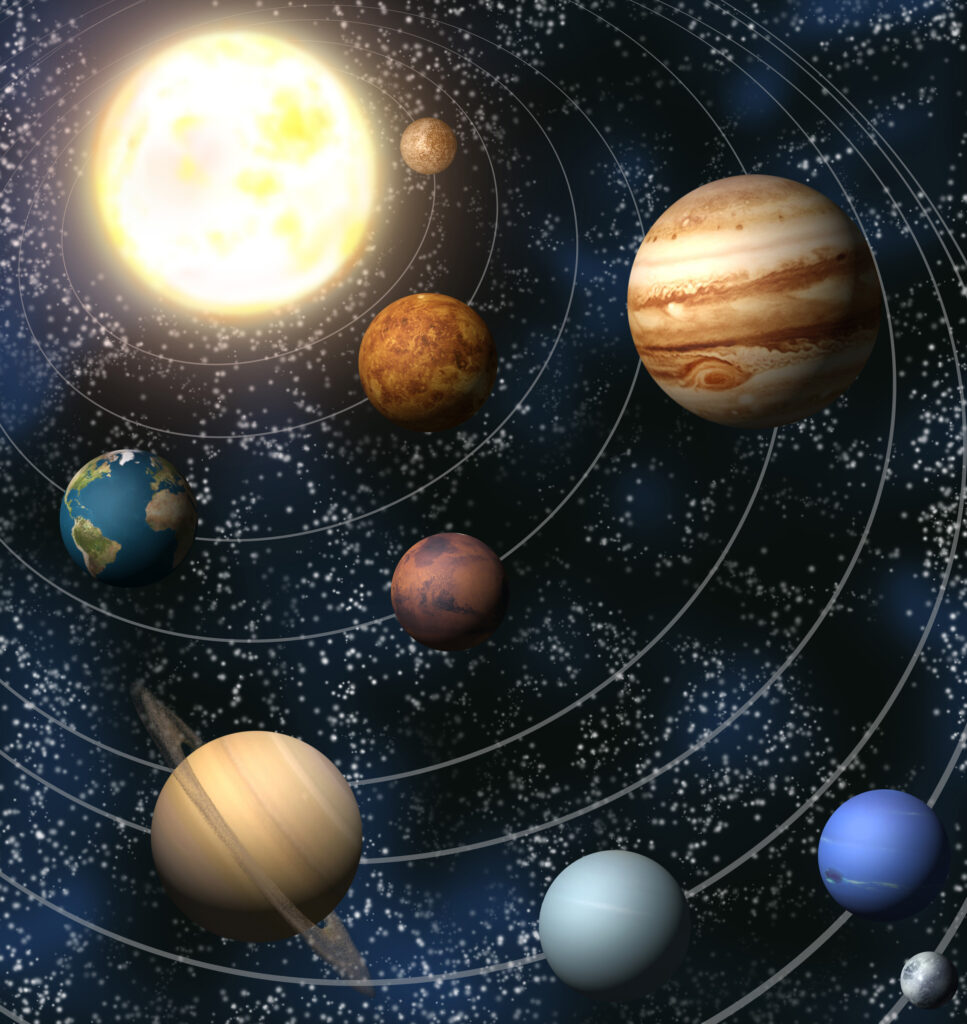 starry solar system with planets orbiting the sun