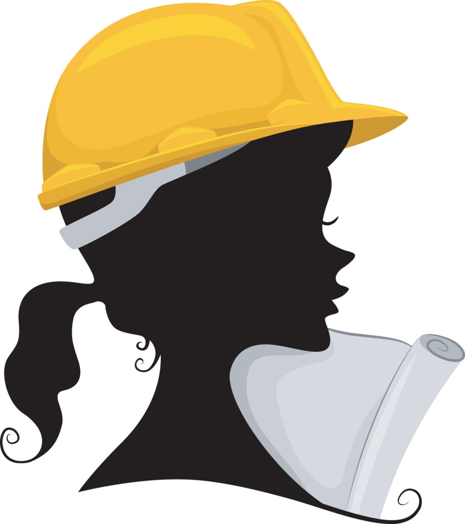 silhouette of a female engineer wearing a yellow hardhat