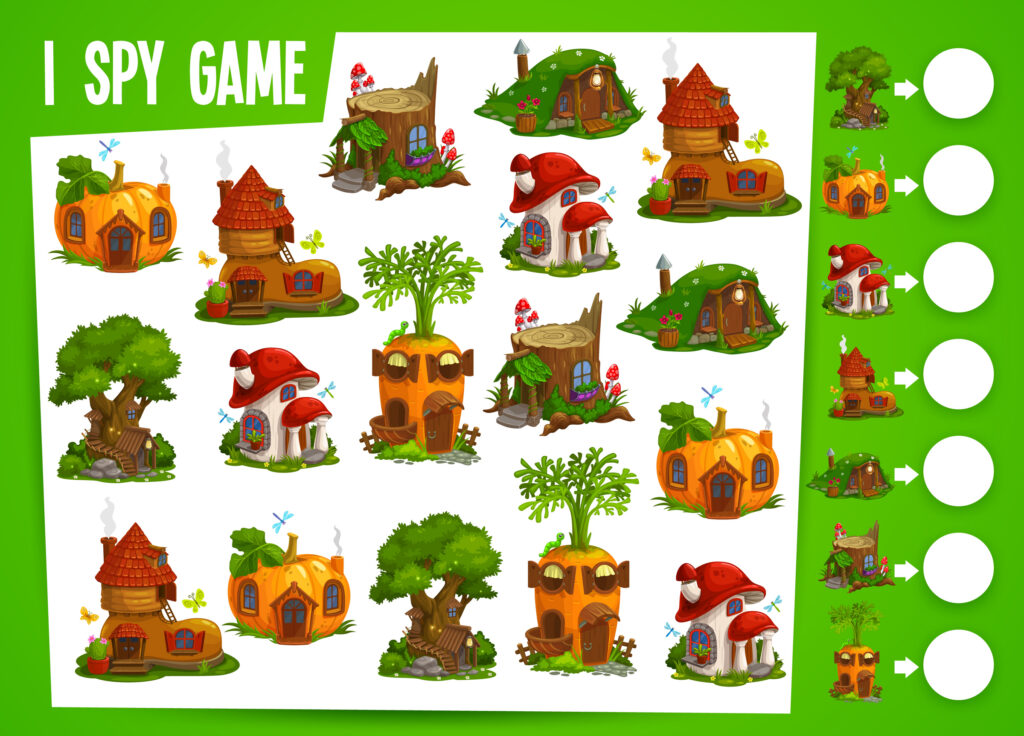 Fairy houses and dwellings kids spy game. Vector educational test with cute fantasy homes stump, mushroom, pumpkin, carrot and boot or tree and hillock. Math child riddle worksheet cartoon design
