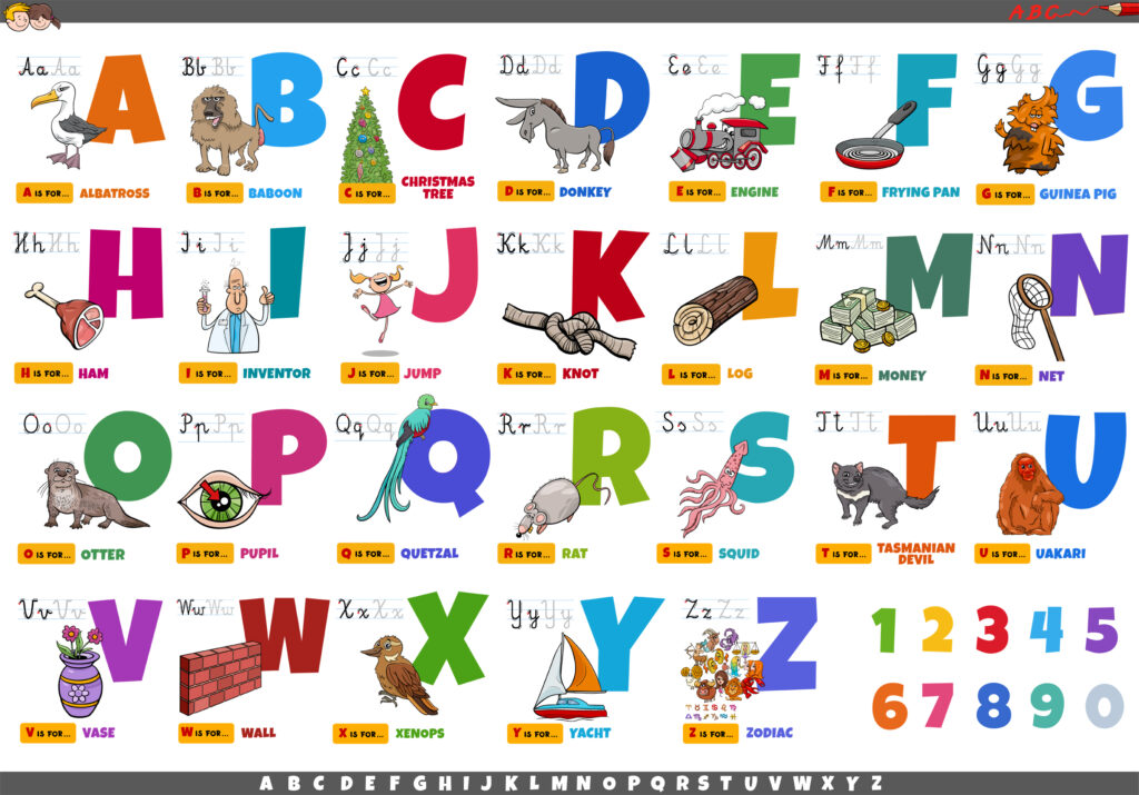 colorful alphabet chart with examples next to each letter
