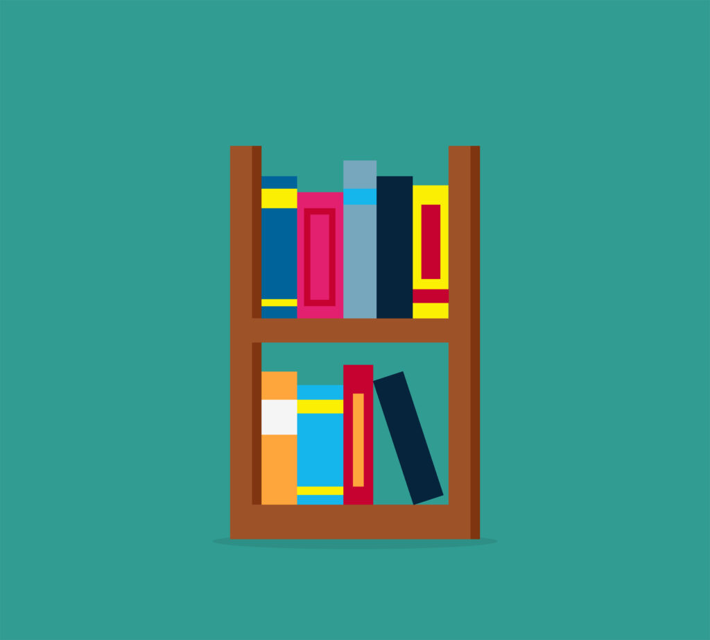 Large bookcase with different books. Bookcase full of books cartoon