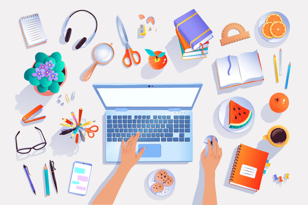 Top view vector illustrations set of office workplace isolated items.
