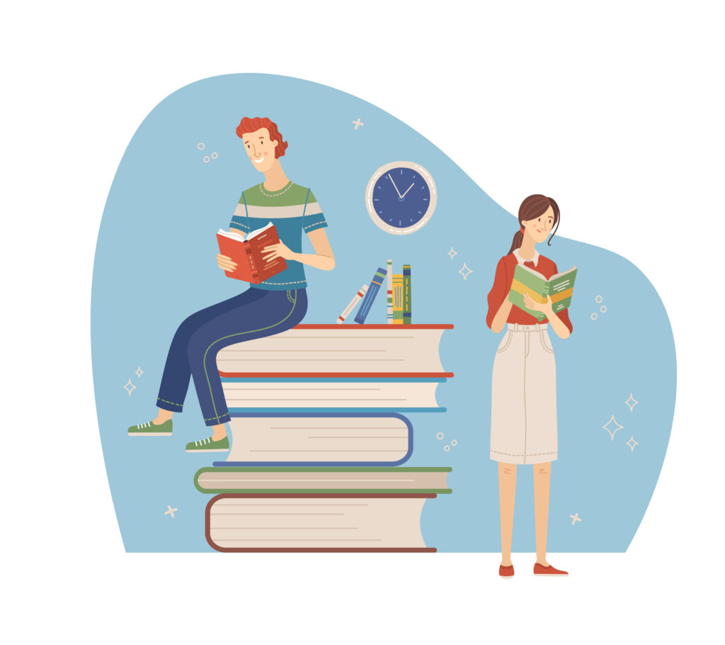 Happy people relaxing with book cartoon vector illustration.