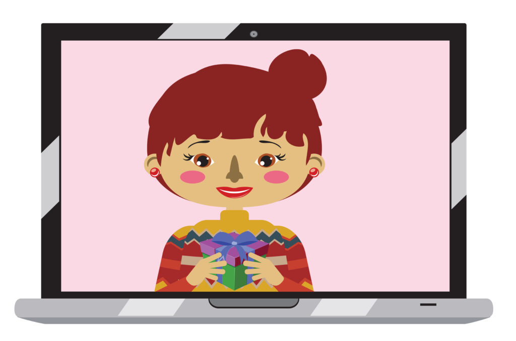 cartoon illustration of a girl on a laptop screen