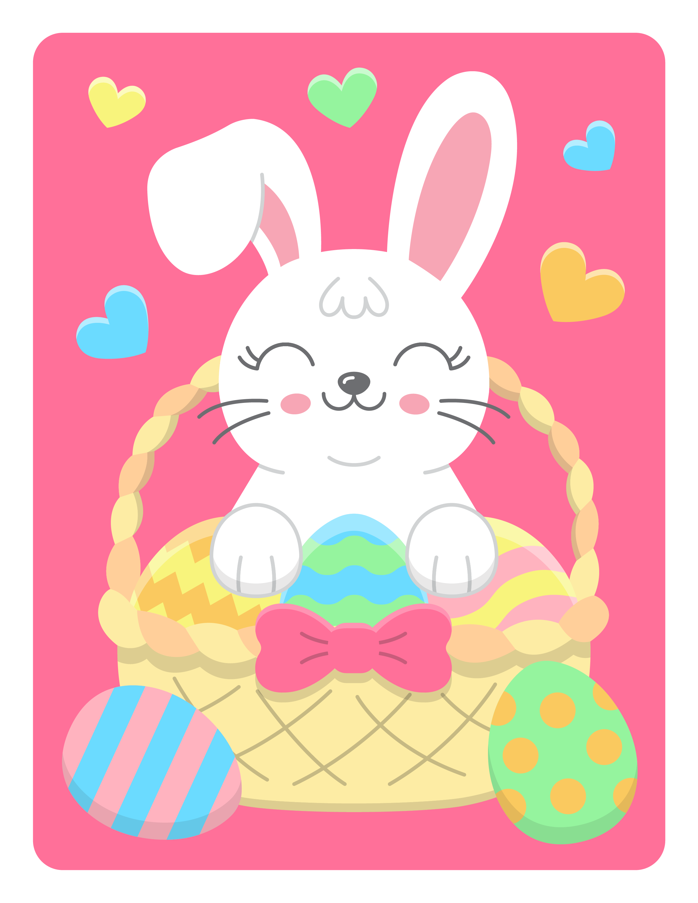 easter themed illustration that shows a bunny rabbit in a woven basket surrounded by decorative eggs