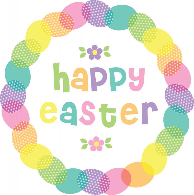 colorful easter graphic with the words Happy Easter in the center and colorful eggs surrounding the text