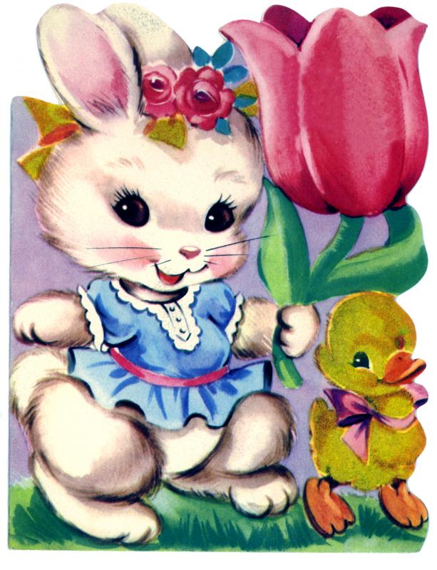 vintage style vector illustration of a bunny holding a flower and walking alongside a chick or duckling