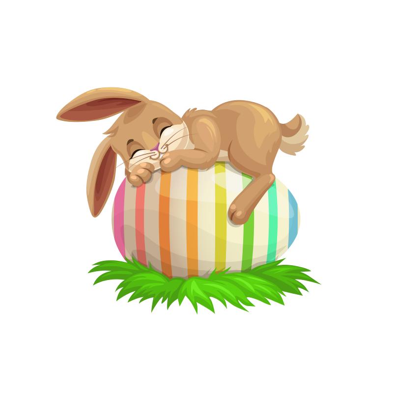 cartoon illustration of a brown bunny rabbit sleeping on top of a giant egg that has rainbow stripes