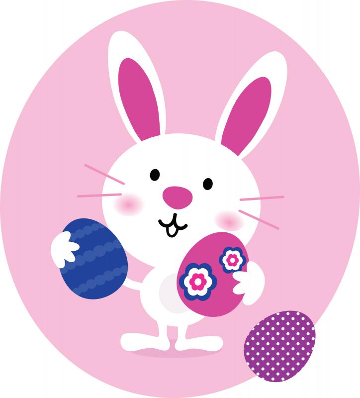 illustration of a smiling Easter bunny holding patterned eggs, set against an oval-shaped pink background