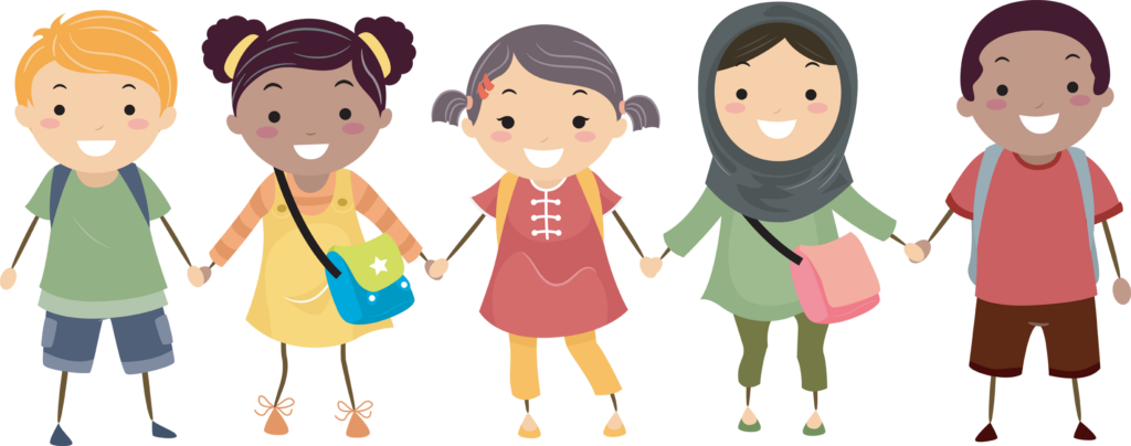 stickman illustration of five kids of different cultural backgrounds, a black girl and boy, a white boy, an asian girl and an arab girl wearing a hijab. 