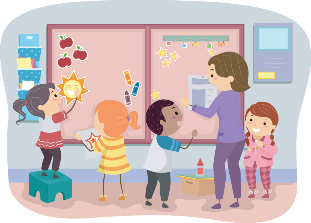 stickman illustration of three young girls and a young boy helping their teacher decorate a bulletin board.