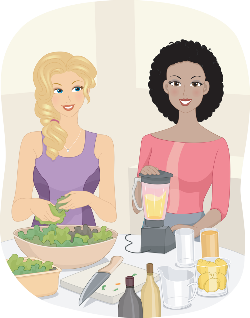 Illustration of Women Preparing Smoothies Made from healthy food items such as Fruits and Vegetables