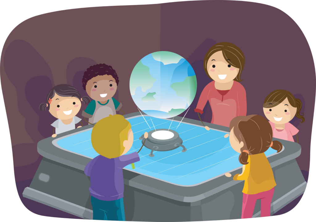 stickman illustration of students looking at a hologram of the Earth