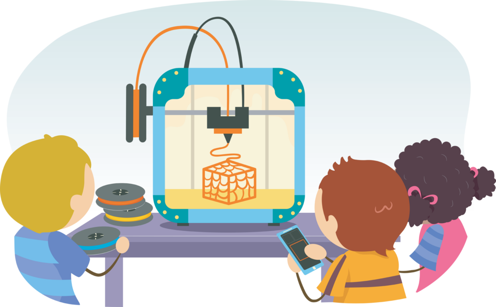 stickman illustration of three diverse children playing with a 3D printer