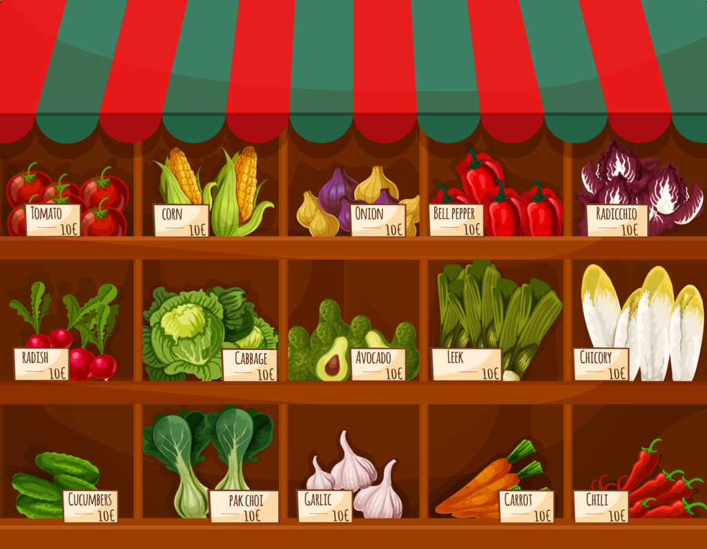 
Vegetable and fruit market stall with price labels. Farm market stand with tomato, carrot, pepper, onion, chili, radish, corn, cabbage, garlic, cucumber, avocado, leek, chicory, bok choy and radicchio