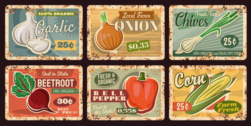 vector bell pepper, onion, garlic, corn and beet with green leaves, husk and cloves. Vintage tin signboards with fresh organic veggies, farmer market and grocery design