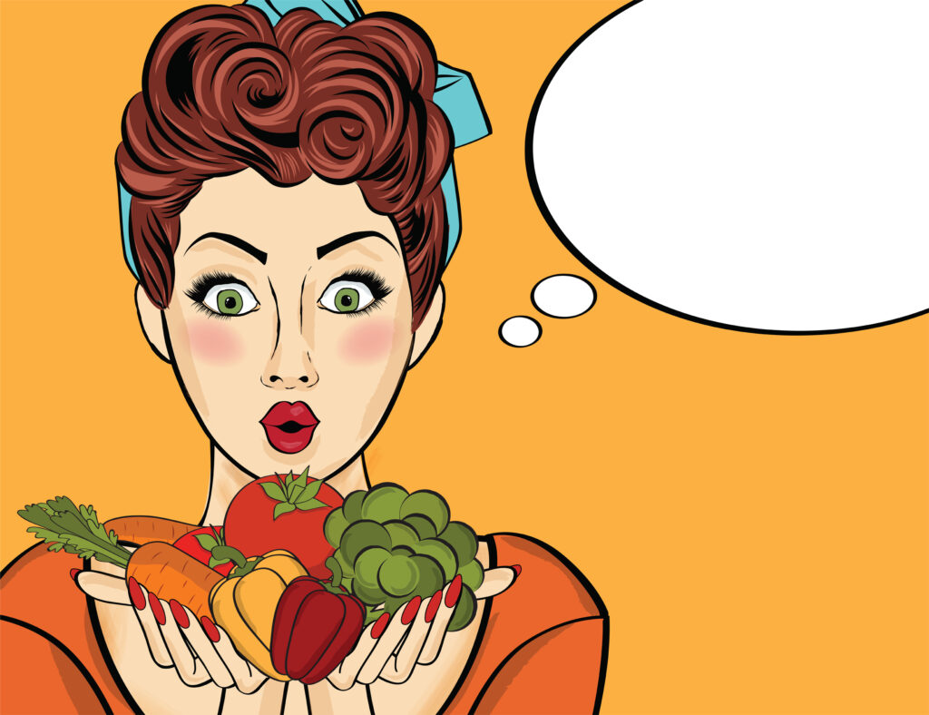 Surprised pop art woman that holds vegetables in her hands . Comic woman with speech bubble and healthy food. Vector image.