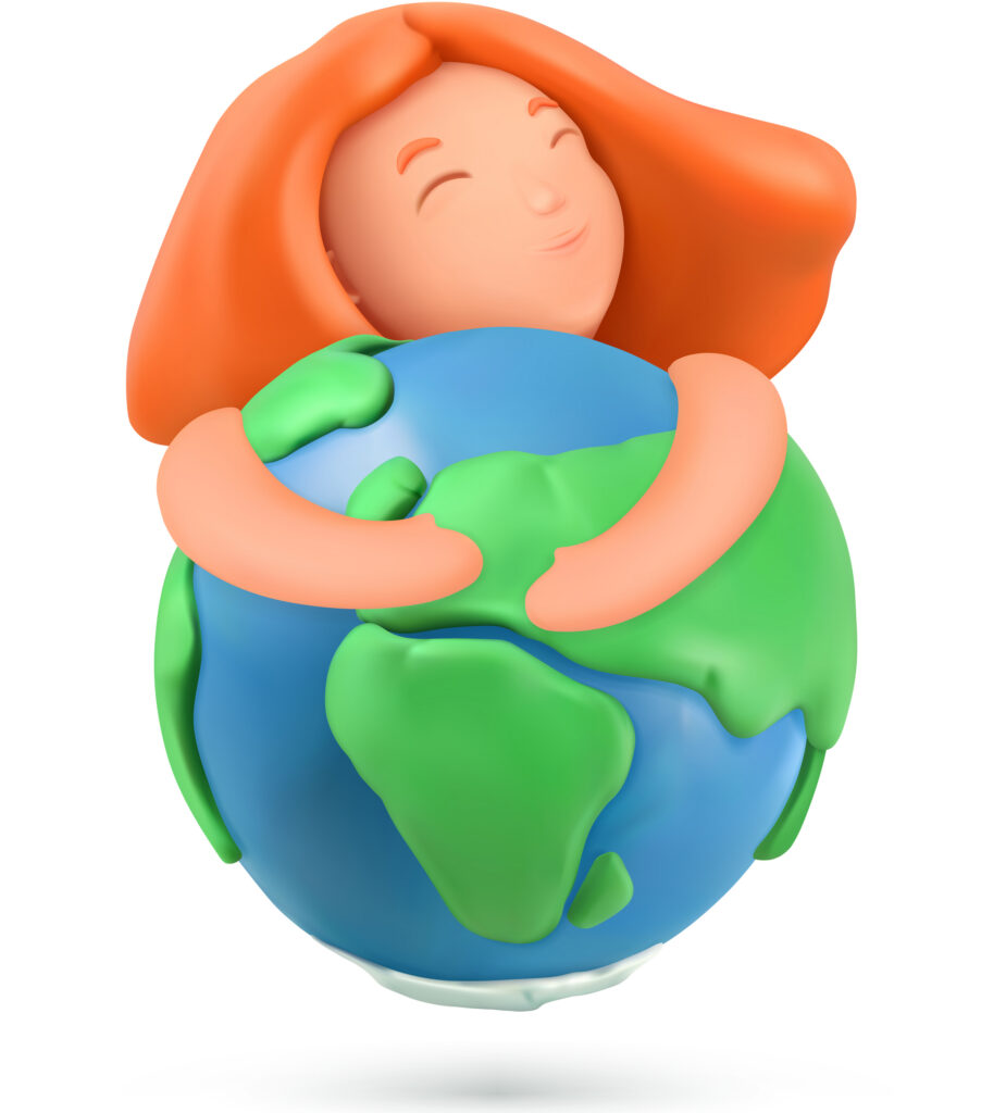 Earth day icon. Little girl hugs the planet. 3d vector object. Handmade plasticine art illustration