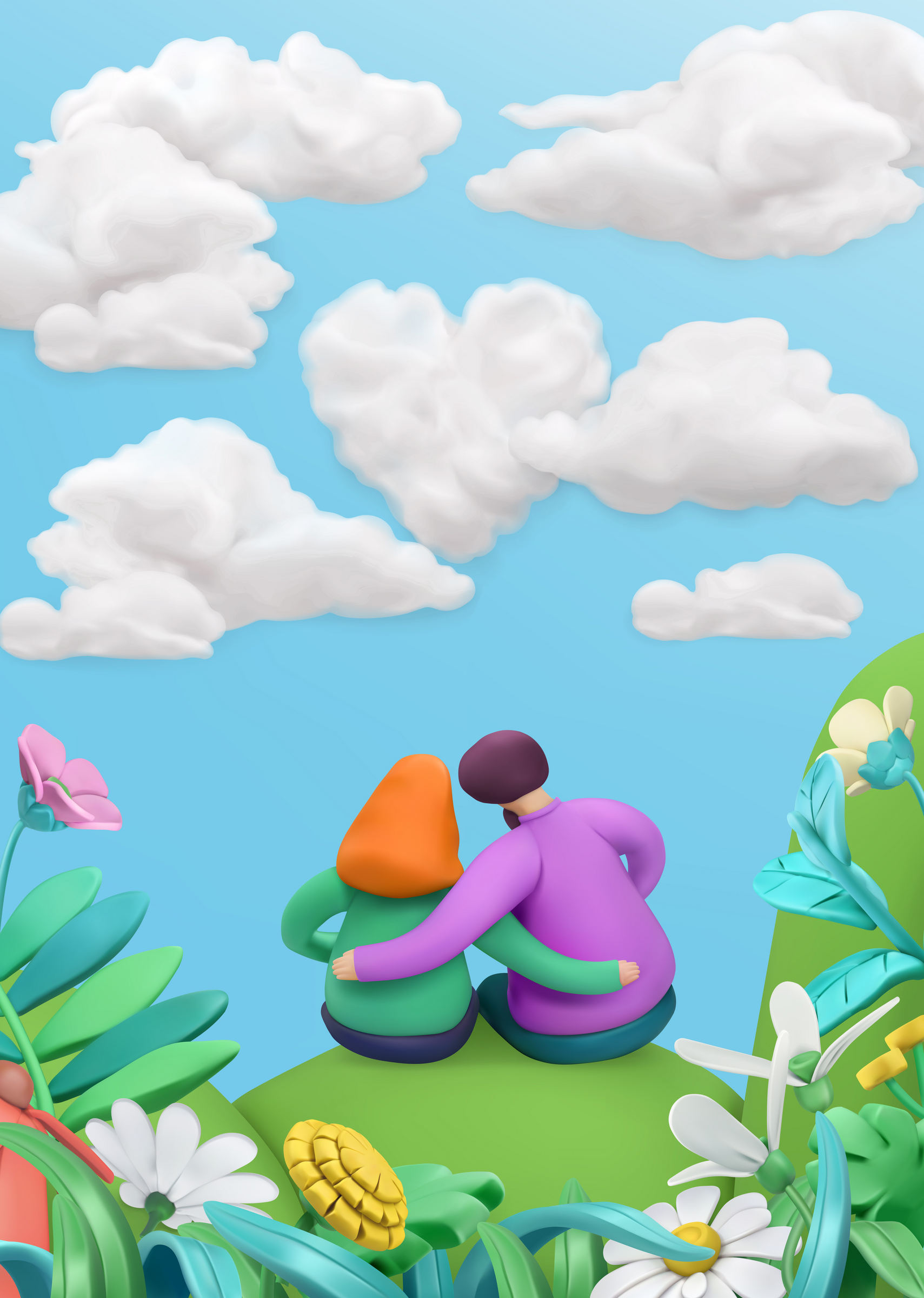 young couple on a flower meadow. 3d vector greeting card