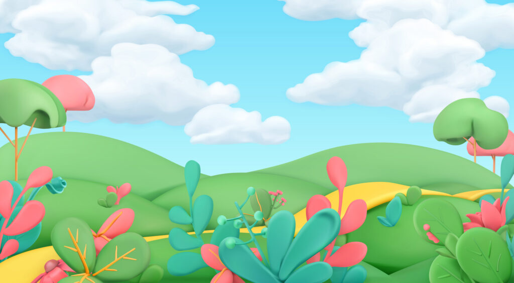 Cartoon spring landscape. Art illustration. 3d vector background