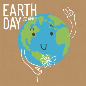 Earth day poster. Earth character with daisy flower. Save the earth concept poster. Vector illustration