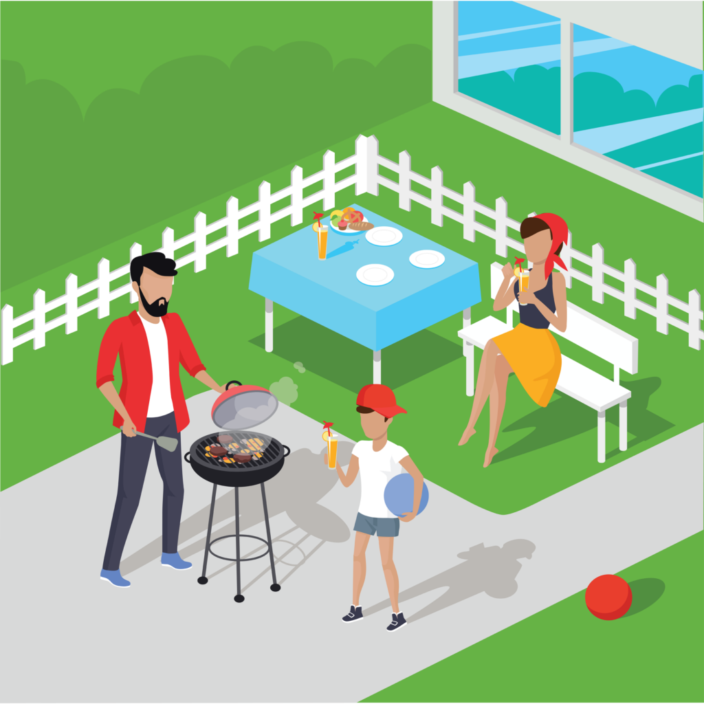 Father and son preparing barbecue design flat. Dad prepares a barbecue and nearby there is a son, and drink the juice holding the ball in his hand isolated on a green background. Vector illustration