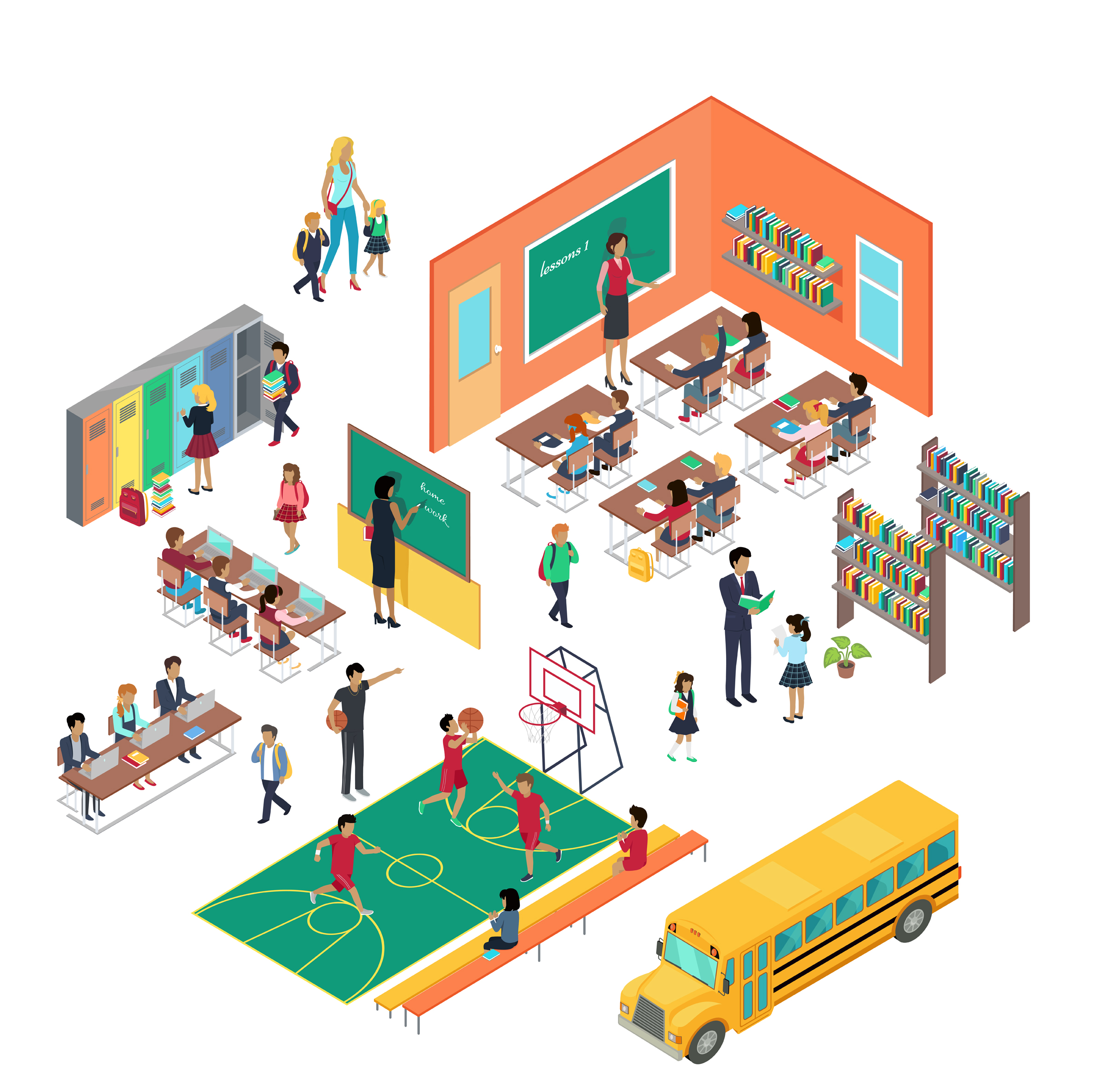 School conceptual vector in isometric projection. 3d illustrations of school premises with pupils and teachers. Classes, library, corridor, gym, school bus. For education concept, infographic, games