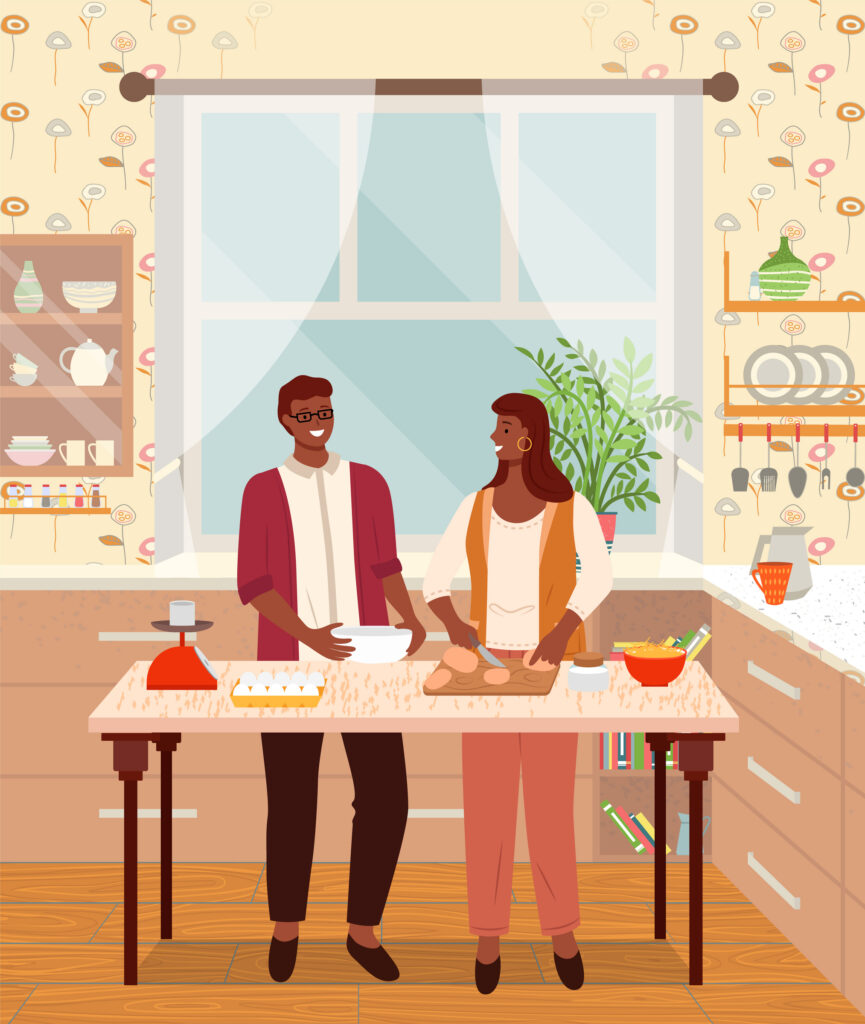 Man and woman making dinner together. Couple in love baking in kitchen. Brother and sister preparing food for special occasion. People cooking meals for family at home using scales device, vector