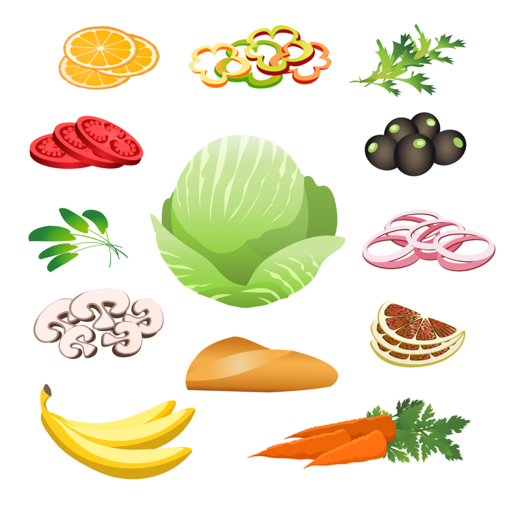 Healthy Food set. Banana, tomato, onion, orange, olives, carrot, cabbage. Vector illustration.