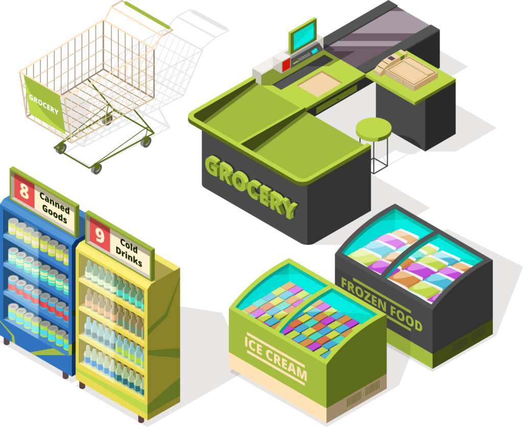 isometric drawing of a grocery store