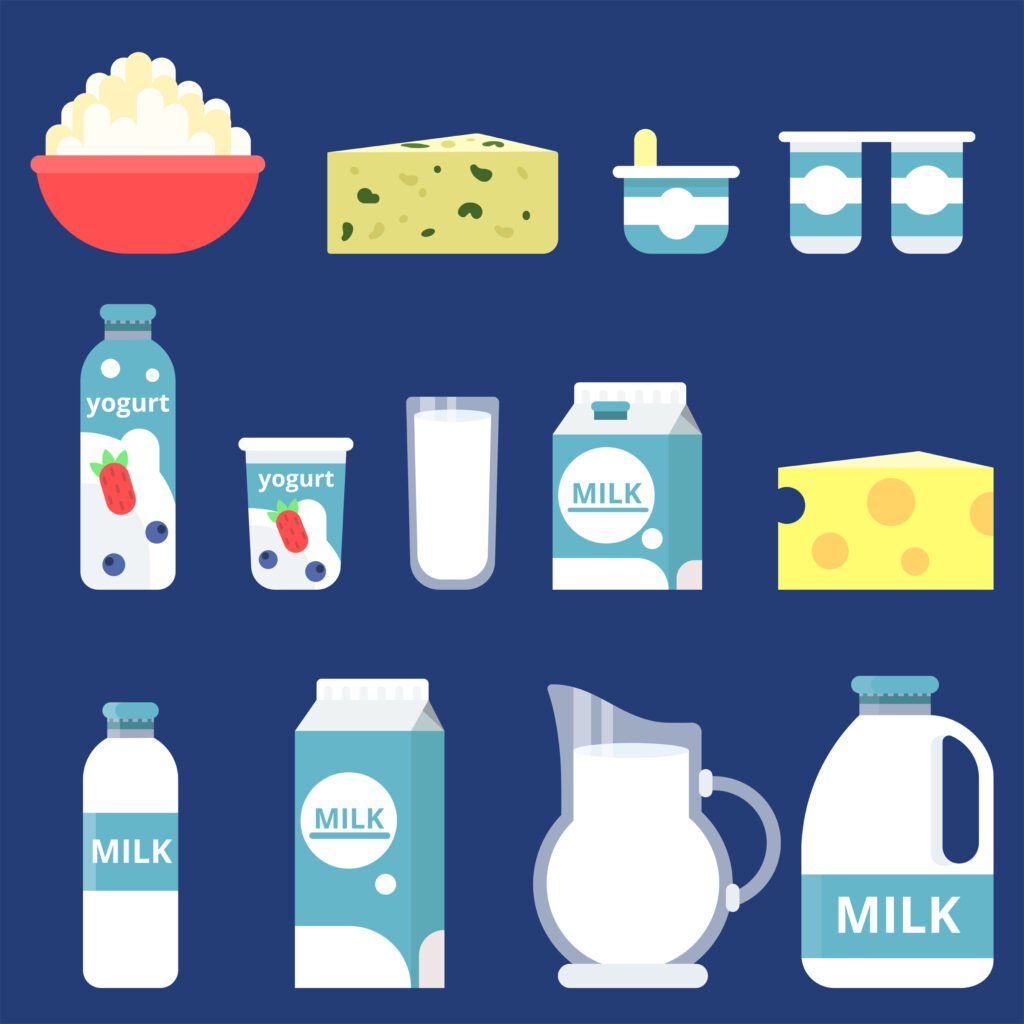 Illustrations of different milk products in flat style. Product of milk fresh in glass bottle, orgamic food for breakfast vector