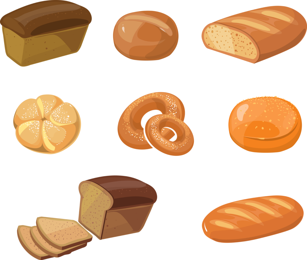 Bread bakery products vector cartoon icons. Food bakery bread icon and pastry bakery breakfast illustration