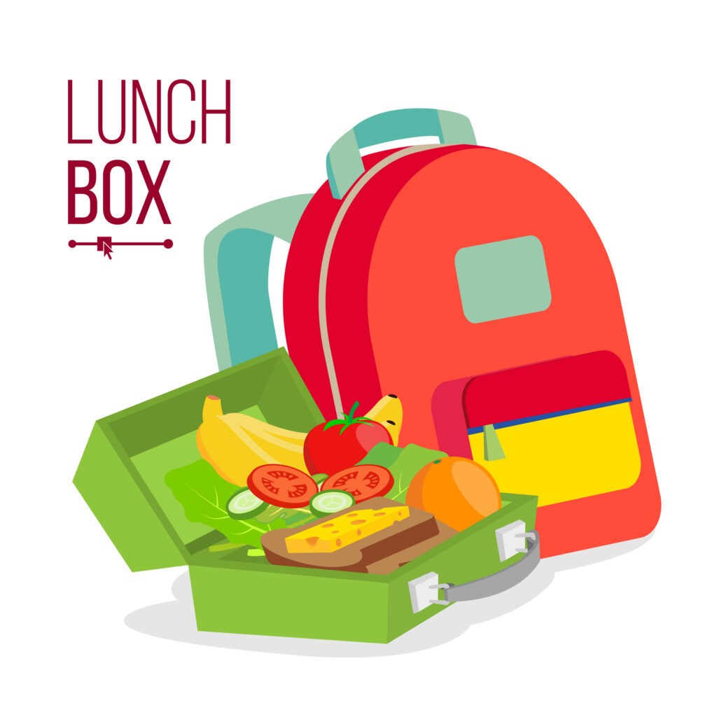 unch Box And Bag Vector. Schoolbag With Healthy Food For Kids. Isolated Flat Cartoon Illustration