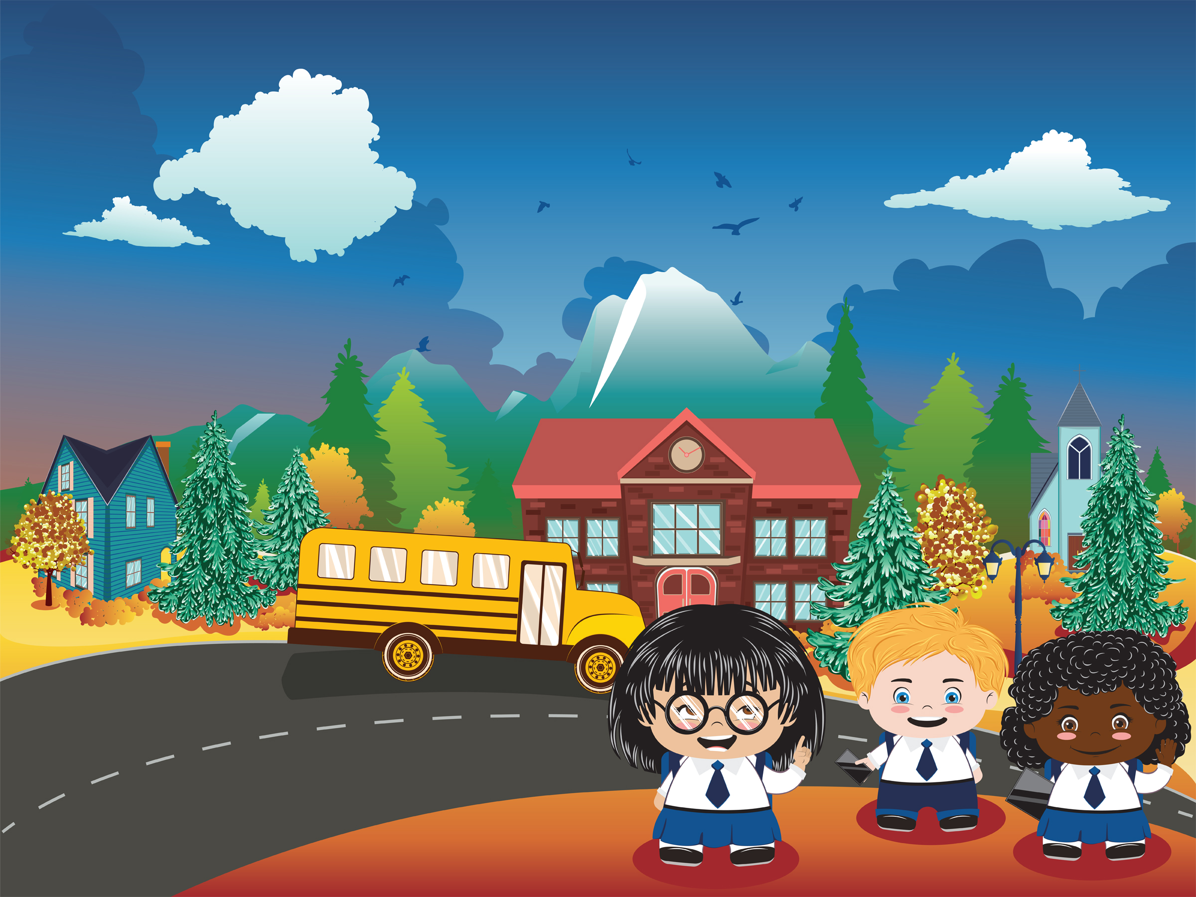 Back to school illustration with happy kids and rural school building.