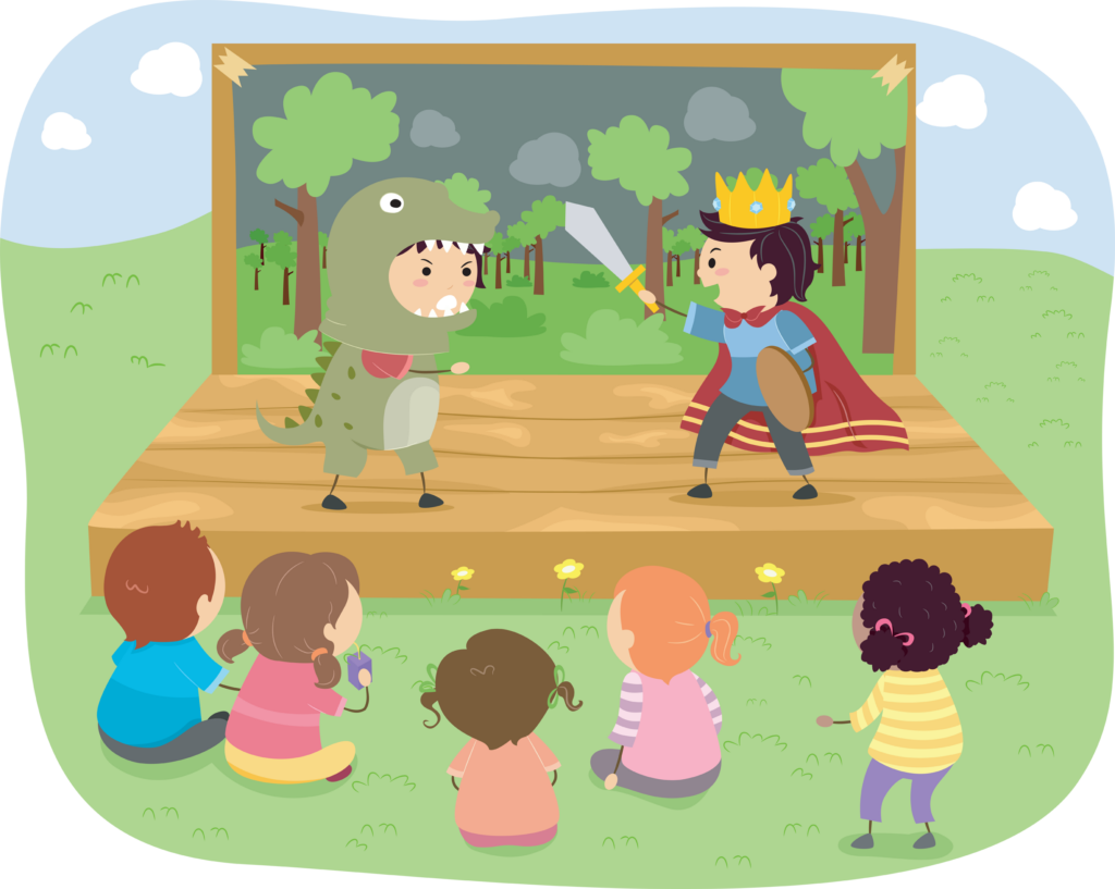 Illustration of Kids Wearing a Prince and a Dinosaur Costume Performing Onstage