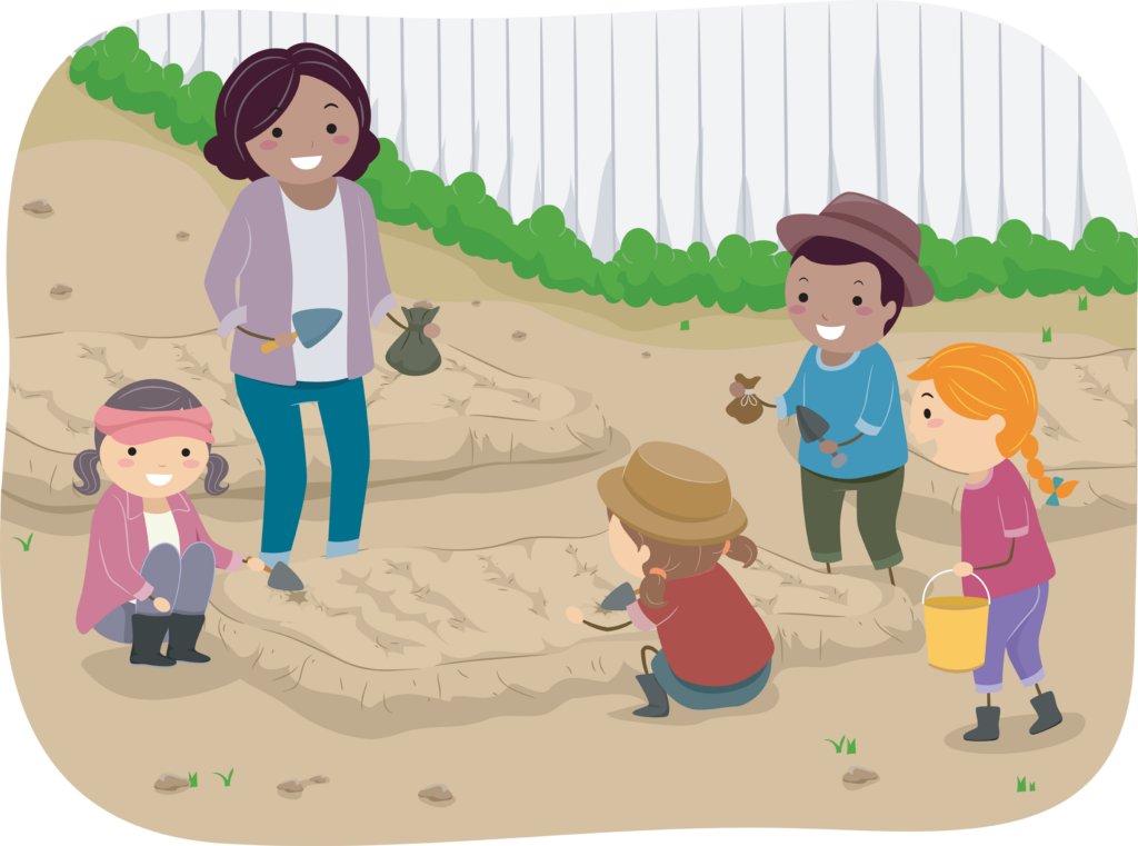 stickman illustration of a teacher and her students planting saplings together 