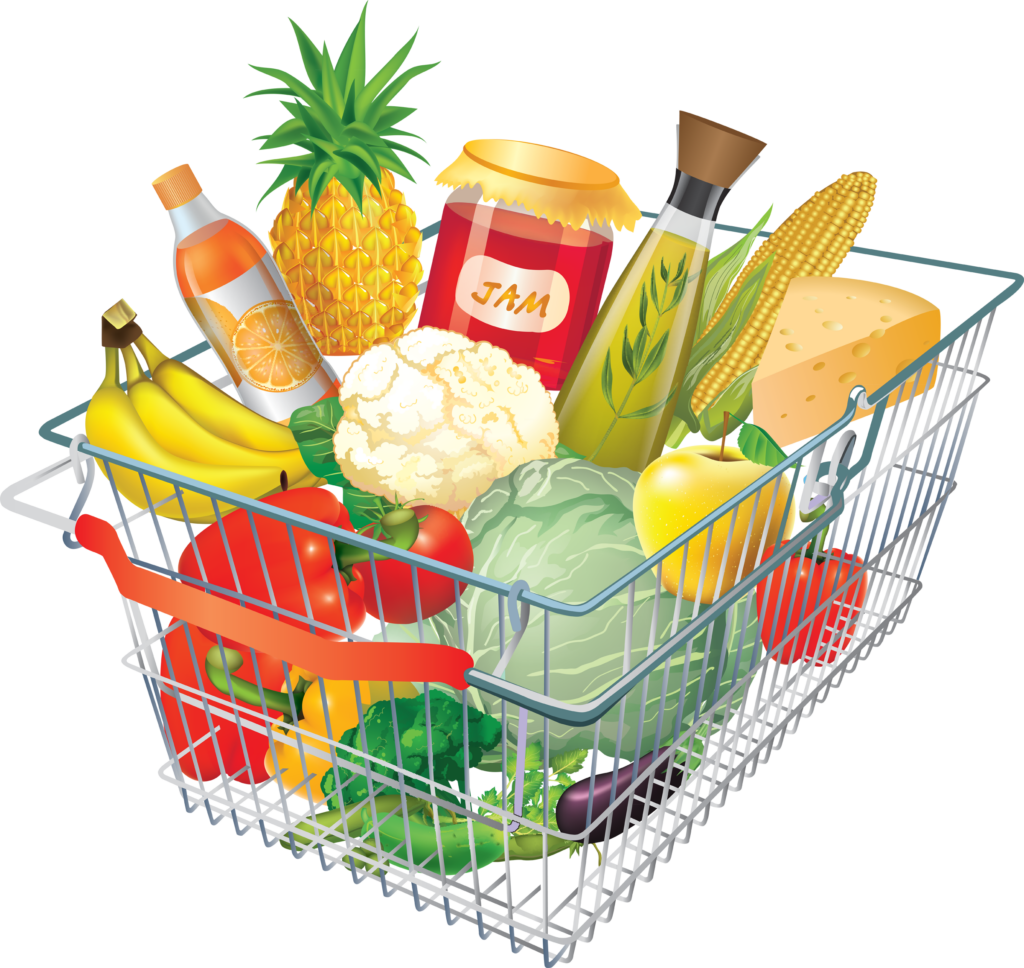 Royalty Free Clipart Image of a Shopping Basket Full of Food