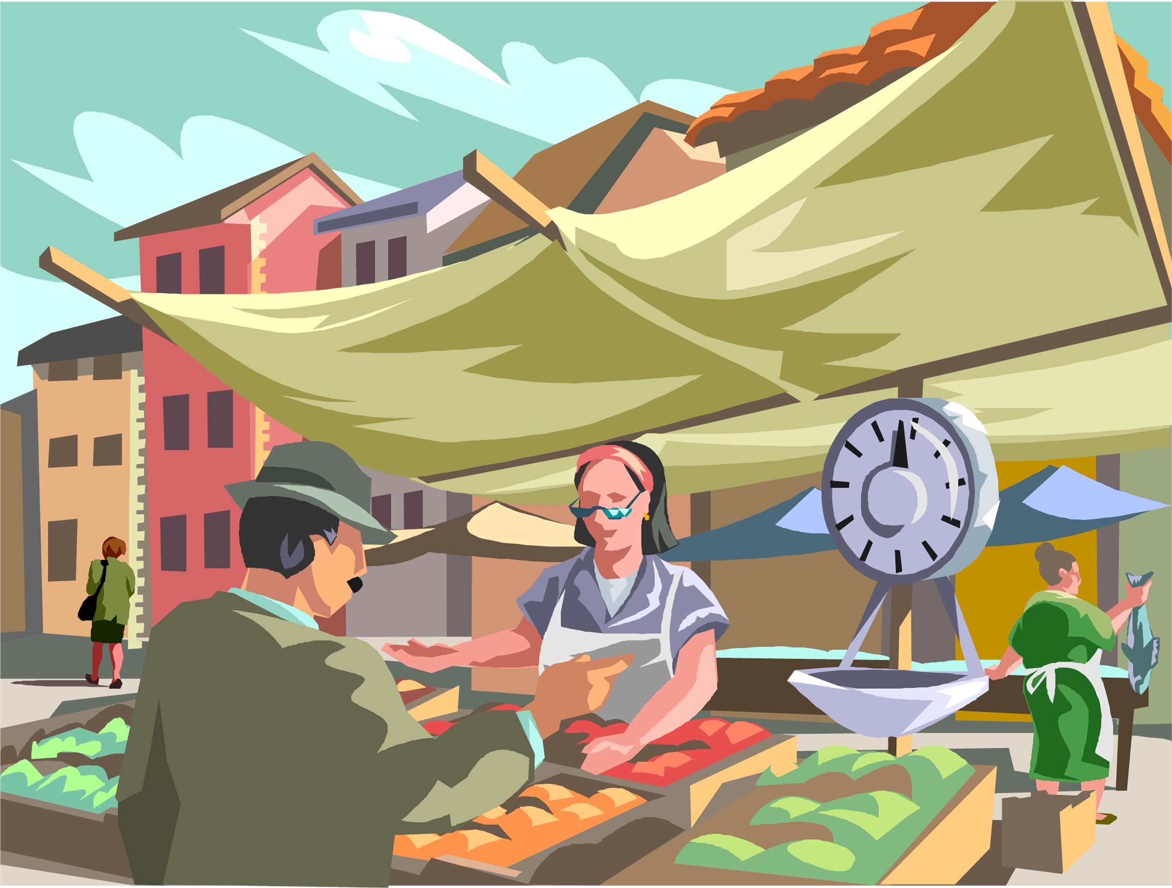 vector illustration of a man buying produce from a woman at a farmer's market