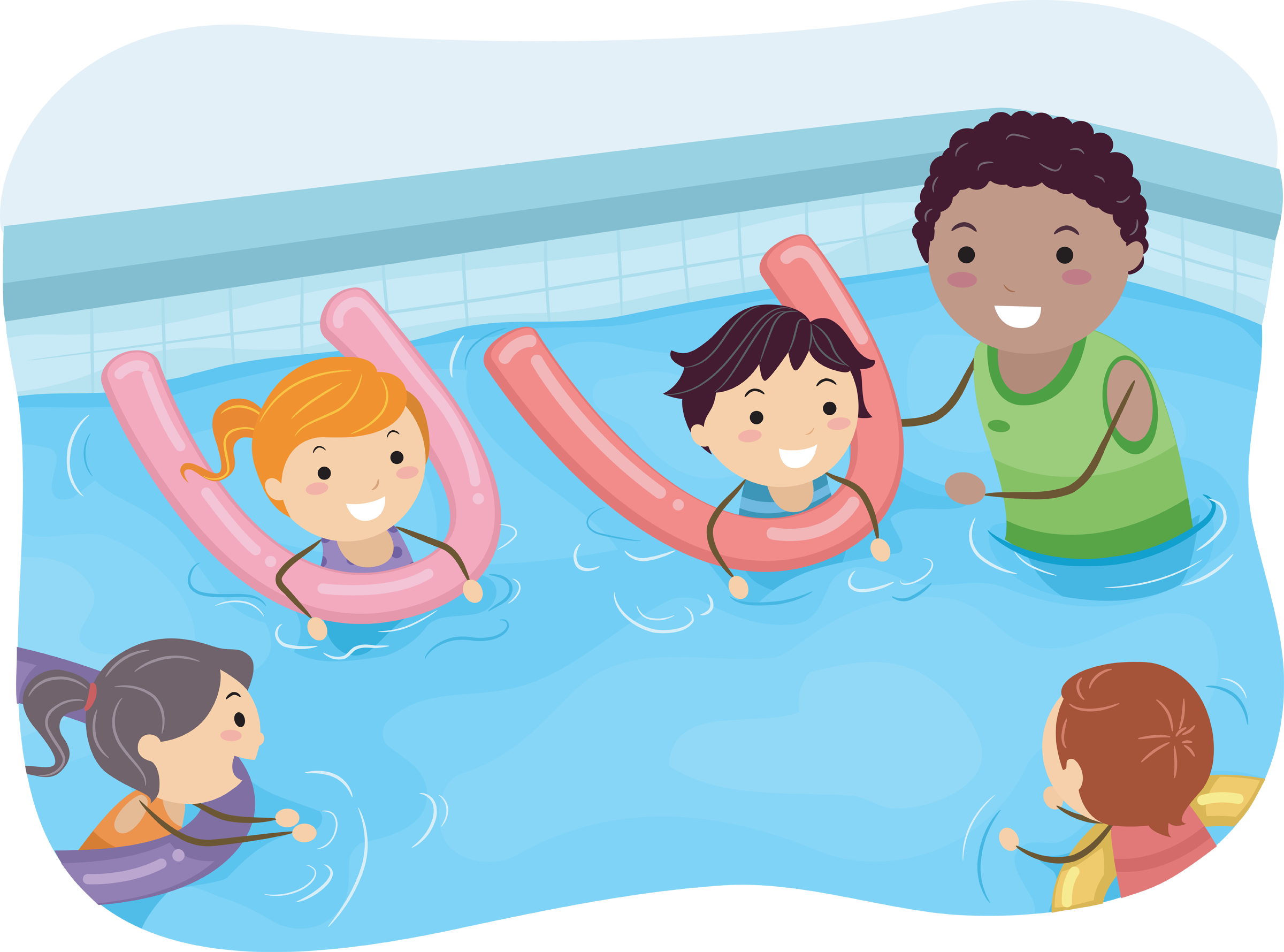 Illustration of Kids Being Taught How to Swim by a Swimming Coach