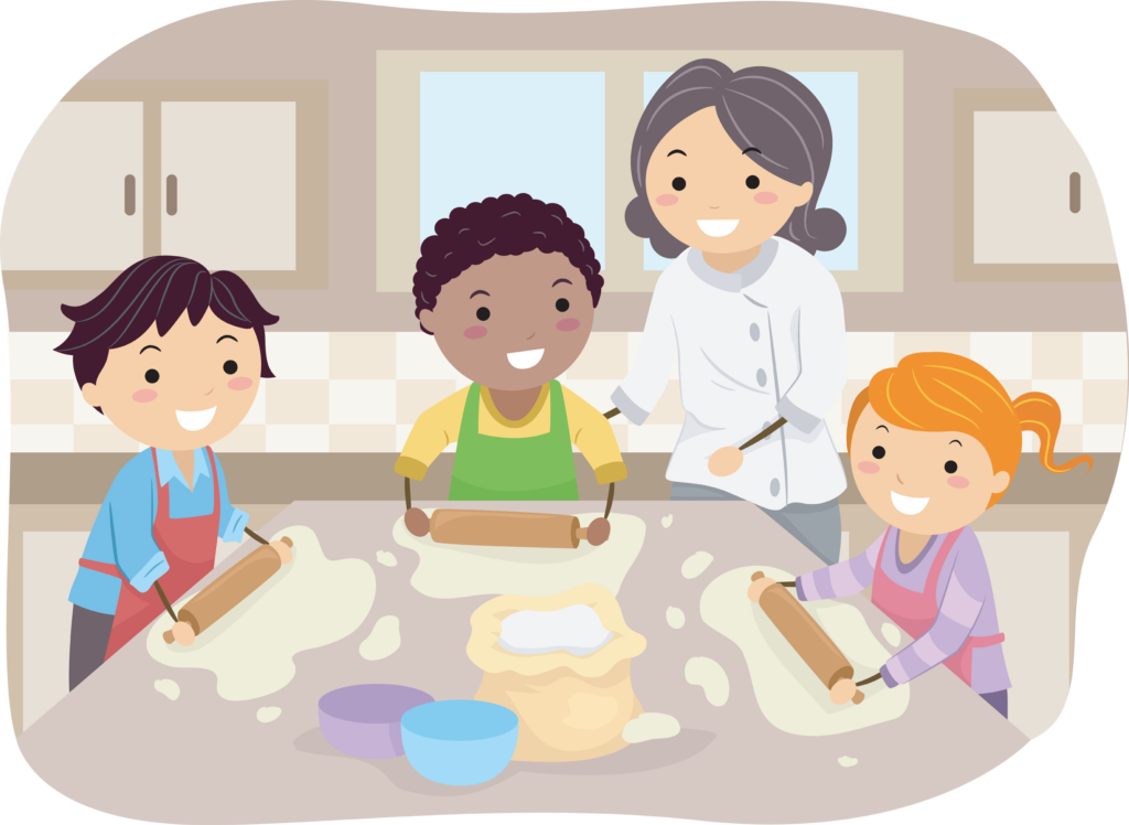 Illustration of Kids Making Homemade Pizza Under the Guidance of a Chef