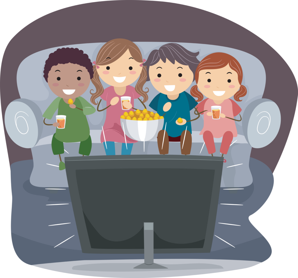 Illustration of Kids Eating Popcorn While Watching TV