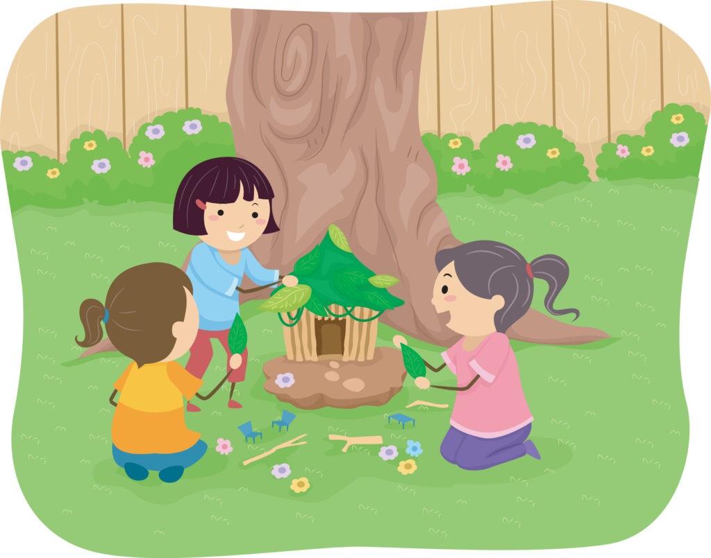 Illustration of Little Girls Building a Fairy House