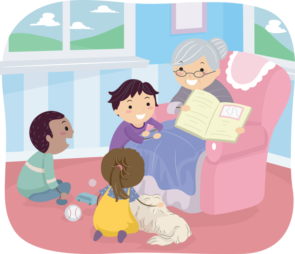 Illustration of Kids Listening to Their Grandmother Tell a Story