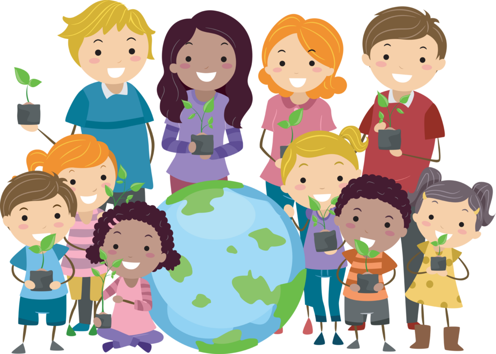 Illustration of Stickman Kids and Adults Carrying Saplings Standing Beside a Globe