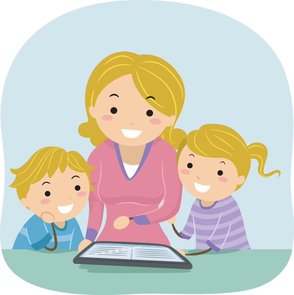 Stickman Illustration of a Mother Reading an E-book to Her Kids