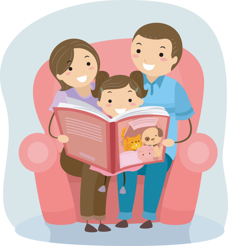 illustration of stickman family reading a book about animals 