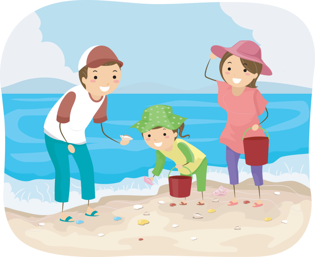 Stickman Illustration of a Family Picking Shells at the Beach